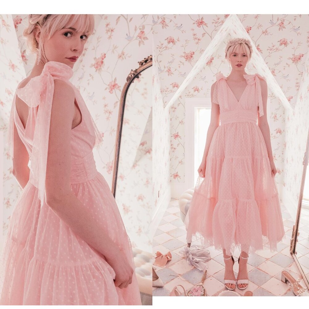 JessaKae Jeanne Pink Dotted Swiss Tulle Shoulder Bows Ankle Length Dress XL NWT